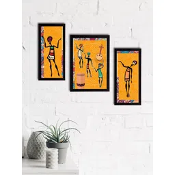 eCraftIndia Set of 3 Yellow & Black Tribal Theme Satin Matt Textured UV Wall Paintings image 1