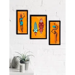 eCraftIndia Set of 3 Yellow & Brown Tribal Theme Satin Matt Textured UV Wall Paintings-picture-36