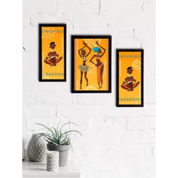 eCraftIndia Set of 3 Yellow & Brown Tribal Theme Satin Matt Textured UV Wall Paintings-picture-37