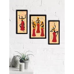 eCraftIndia Set of 3 Yellow & Red Tribal Theme Satin Matt Textured UV Wall Art-picture-26