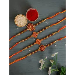 eCraftIndia Set of 4 Brown & Orange Religious Rakhis with Sibling Agreement & Roli Chawal Pack-picture-38