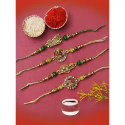 eCraftIndia Set of 4 Kalash Flute, Krishna Playing Flute with Cow, Flute & Peacock Feather Rakhis-picture-16