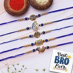 eCraftIndia Set of 5 Blue & Golden Religious Rakhis, Best Bro Ever Fridge Magnet with Roli Chawal Pack - Designer Rakhis for Brother-image-7