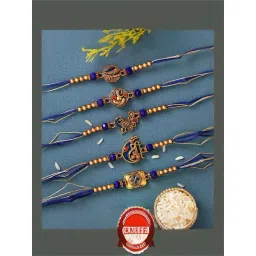 eCraftIndia Set of 5 Blue & Golden Religious Rakhis with Sibling Agreement & Roli Chawal Pack-picture-46