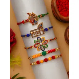 eCraftIndia Set of 5 Colorful Krishna, Floral & Pearl Rakhis with Sibling Agreement & Roli Chawal-image-42