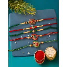 eCraftIndia Set of 5 Green & Red Peacock, Flower Rakhis with Beads & Pearls-picture-22
