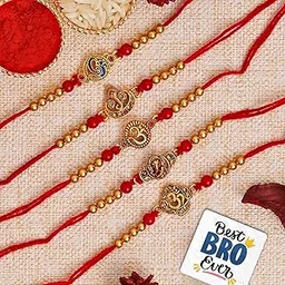 eCraftIndia Set of 5 Red & Golden Om Symbol and Lord Ganesha Designer Religious Rakhi with Roli Chawal Pack and Best Bro Ever Fridge Magnet - Rakhi for Brother, Bhaiya, Bhai-image-6