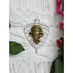eCraftIndia White & Gold Metal Lord Ganesha Face On Leaf Wall Hanging Showpiece-picture-20