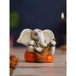 eCraftIndia White & Orange Lord Ganesha Idol Playing Veena Polyresin Showpiece-picture-12