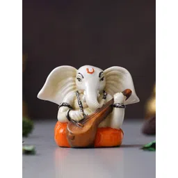 eCraftIndia White & Orange Lord Ganesha Idol Playing Veena Polyresin Showpiece image 4