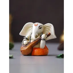 eCraftIndia White & Orange Lord Ganesha Idol Playing Veena Polyresin Showpiece image 5