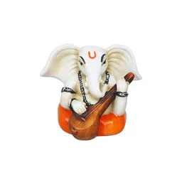 eCraftIndia White & Orange Lord Ganesha Idol Playing Veena Polyresin Showpiece image 3