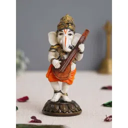 eCraftIndia White & Orange Resin Lord Ganesha Idol Playing Sitar Showpiece-picture-13