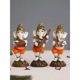 eCraftIndia White & Orange Resin Standing Lord Ganesha Idols Playing Harmonium Showpiece - Set of 3-picture-15