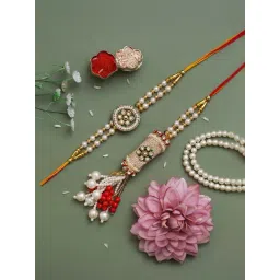 eCraftIndia White Pearl Bhaiya Bhabhi Rakhi Set with Sibling Agreement & Roli Chawal Pack-picture-12