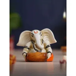 eCraftIndia White Polyresin Hcrafted Lord Ganesha Idol Playing Dholak Musical Instrument Showpieces-picture-18