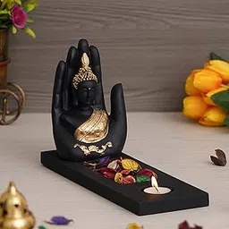 eCraftIndia Gold & Black Polyresin Palm Buddha Showpiece with Rectangle Wooden Base, Fragranced Petals & Tealight-picture-14