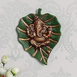 eCraftIndia Metal Brown Lord Ganesha Idol On Green Leaf Ganesha Wall Hanging Decorative Showpiece for Wall Decor- Diwali Decoration Items for Home Decor- Gift for Diwali Ganesh Chaturthi Housewarming-picture-10