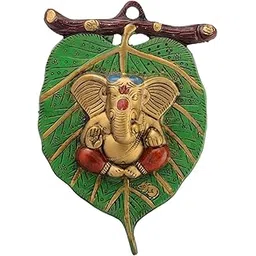 eCraftIndia Metal Golden Lord Ganesha in Red Dhoti On Green Leaf Ganesha Wall Hanging | Decorative Showpiece for Wall Decor | Diwali Decoration Items for Home Decor | Gift for Diwali Housewarming-picture-17