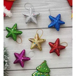 Multicolour Plastic (Set of 5) Glittering Xmas Stars Decorative Hanging Ornaments-image-33
