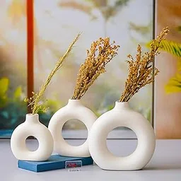 eCraftIndia Set of 3 White Ceramic Donut Shape Flower Vase for Home Decoration Living Room Office | Donut Vase Showpiece Gift for Housewarming Birthday-picture-16