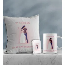 Valentine Combo of Colorful Yes I Am Selfish Because I will Not Share You With Anyone Girl & Boy Posing Print Cushion & Mug With Keychain Gift Set-image-4