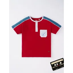 Ed-a-Mamma Boys Red & Blue Colourblocked Henley Neck Cotton T-shirt-picture-48