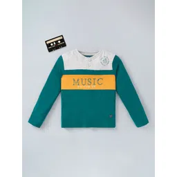 Ed-a-Mamma Boys Teal Green & Off White Colourblocked Henley Neck Cotton T-shirt-picture-38