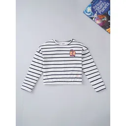 Ed-a-Mamma Girls White & Navy Blue Printed Striped T-shirt-picture-56