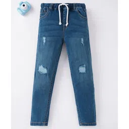 Ed-a-Mamma Sustainable Cotton Knit Distressed Denim Jogger Pant - Mid Blue-picture-13