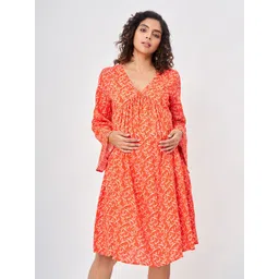 Ed-a-Mamma Women Orange & White Printed Maternity Empire Dress-picture-20