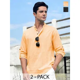 EdinWolf Pack Of 2 Band Collor Roll-Up Sleeves Straight Short Kurtas-picture-20