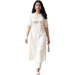 eightone Women's White Cotton Straight Kurti with Floral Embroidery, Pin-Tuck Yoke, Casual Ethnic Wear-picture-39