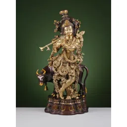 Ekaa Handicrafts Gold Brass Krishna Statue with Cow-picture-28