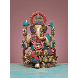 Ekaa Handicrafts Multicolored Brass Lord Ganesha with Stonework-picture-27