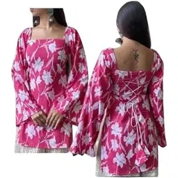 EKAATM Women's Corsetback Kurti,Purple and White Floral Print, Long Sleeve, Rayon, Traditional Indian Style-picture-29