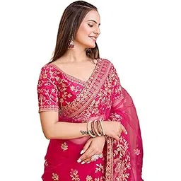 Women's Soft Net Floral Embroidered Saree and Unstitched Banglory Silk Blouse Piece | Festive Saree For Women | E5559-image-4
