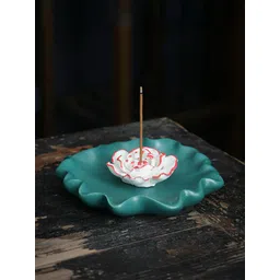 Ekhasa Cream-Color & Teal Blue Ceramic Heat Resistant Agarbatti Stand With Ash Catcher-picture-35