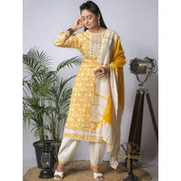 EKISHA Floral Printed Mirror Work Round Neck Pure Cotton Kurta with Trouser & Dupatta-picture-16