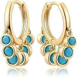 el regalo Elegant Round Dot Turquoise Dangle Drop Huggie Hoop Earrings - Cute 14k Gold Plated Multi Drop Hoop Earrings for Women & Girls-picture-24