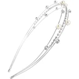 el regalo Fancy Party 3 Layers Hairband for Girls & Women - Bridal, Wedding Party Pearl AD Hairband (Silver)-picture-50