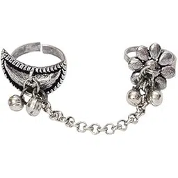 el regalo Unique Oxidized Brass Floral Finger Rings with Chain- Silver Lookalike Oxidized Chain Dual Finger Adjustable Designer Rings-picture-34