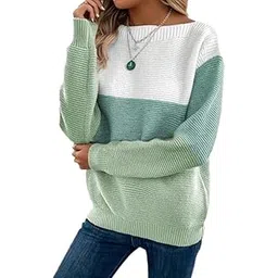 elaccent Women's Contrast Color Knitted Pullover Sweater with Round Neck for Autumn and Winter-picture-11