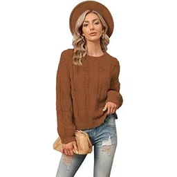 elaccent Women's Solid Color Loose Fit Sweater Round Neck Long Sleeve Pullover for Winter-picture-12