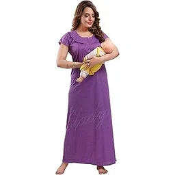 elady Women Soft Hosiery Cotton Maternity Gown Nursing Feeding Nighty Pre and Post Pregnancy with Concealed Zip, Self Design - Full Length - Free Size.-picture-53