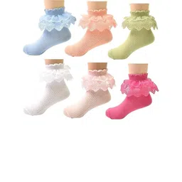 Eleg & Stilance Kids Pack Of 6 Multicolor Fancy Woolen Frill Ankle Length Bootie Socks-picture-49