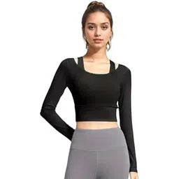 eleg & stilance Women's 2 in 1 Yoga Long Sleeve Mesh Gym Athletic Tops Workout Shirts with Medium Support Sports Bra-picture-37