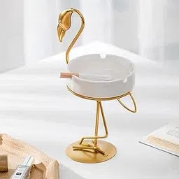 Elegant Gold Flamingo Ceramic Ashtray Stand, Decorative Bird Design Metal Holder with White Tray, Modern Home Decor Accessory-picture-12