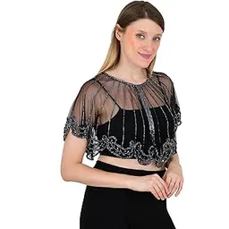Elegant High Class Wedding Party Club Wear Net Fabric Material Short Hand Beads Embroidery Work Poncho Blouse Top Shrug Free Size Style Dress Saree Cover Up Black With Grey Beads Front Open Style-picture-36