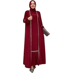 Elegant Long Burqa, Burgundy with Glitter Trim, Balloon Sleeves-picture-34
